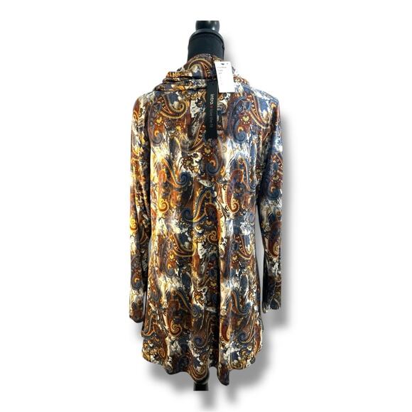INTRO Brown Blue Gold Rust Paisley Cowl Neck Tunic  Hi Lo Long Sleeve Top NWT M - Picture 8 of 14
